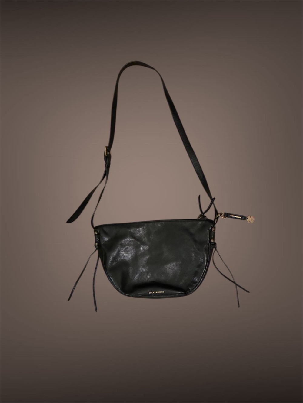 Women's Lucky Brand Black Leather Cross Body Bag, Gold Hardware, Medium Size